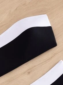 Conjunto de bikini de mujer, dos piezas, bloqueo de color, sin tirantes, sexy de verano - Blanco y Negro - Ver 3