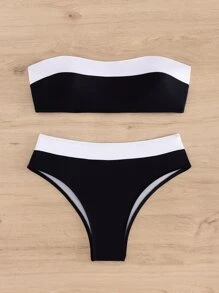 Conjunto de bikini de mujer, dos piezas, bloqueo de color, sin tirantes, sexy de verano - Blanco y Negro - Ver 6