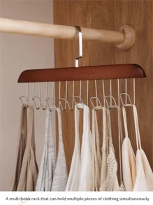1入組棕色的多功能木頭衣架帶8掛鉤,完美適用於存儲內衣,文胸,貼身吊帶背心和其他衣服,或者適用於晾乾衣服和毛巾