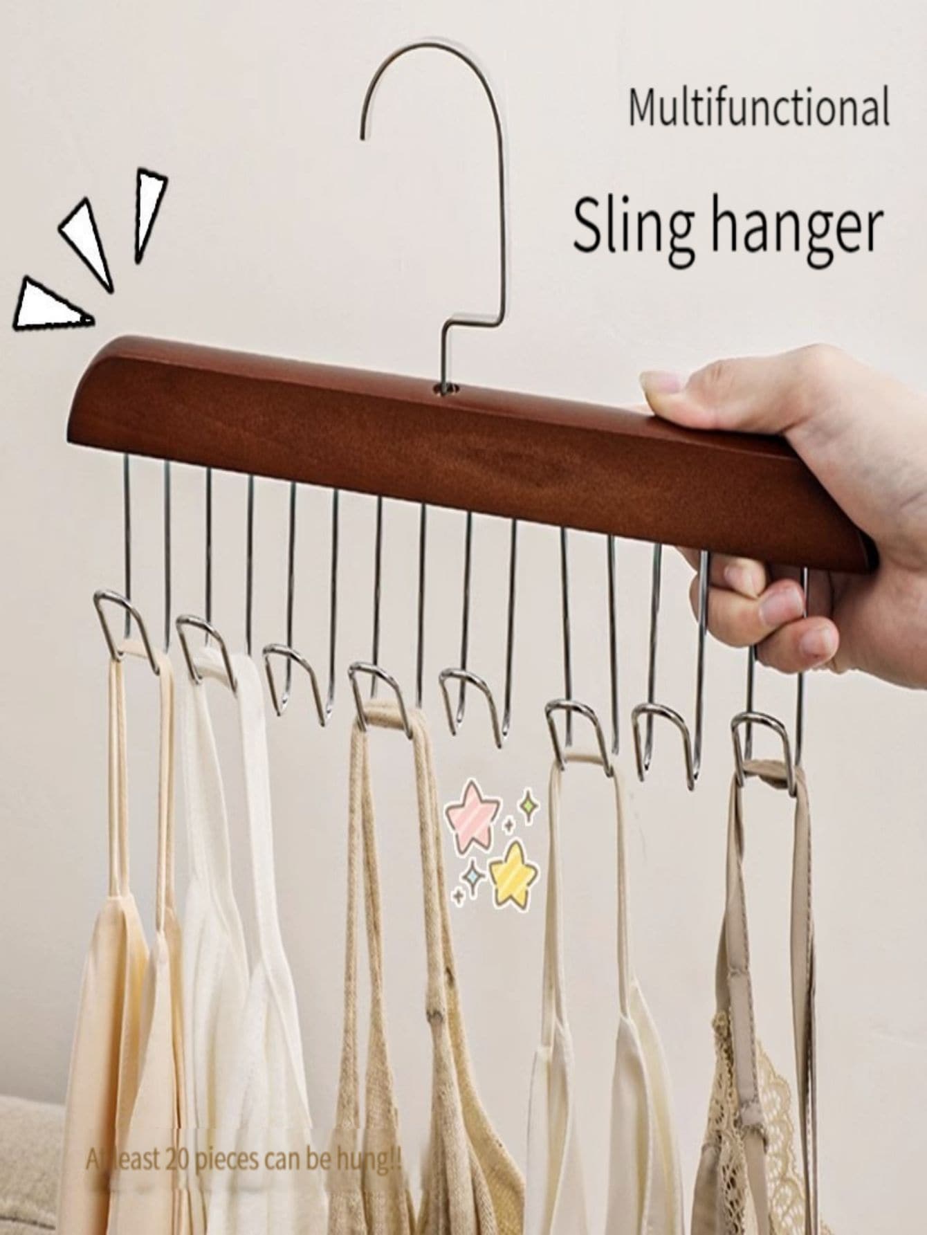 1入組棕色的多功能木頭衣架帶8掛鉤,完美適用於存儲內衣,文胸,貼身吊帶背心和其他衣服,或者適用於晾乾衣服和毛巾