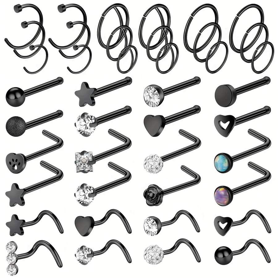 Conjunto De Joyas Para Piercing Corporal Con Forma De Estrella De Diamantes De Imitación Brillantes De 42 Piezas - Negro - Ver 1