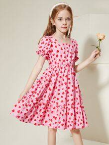 青少年女孩愛心圖案泡泡袖荷葉邊連衣裙 - 粉色 - 查看 5