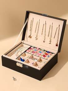 1pc Black Double Layer Pu Leather Jewelry Storage Box Large Capacity Earring, Necklace, Bracelet Organizer Case - Black - View 2