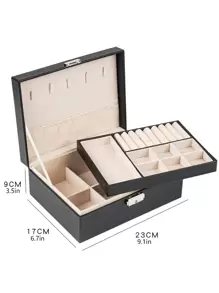 1pc Black Double Layer Pu Leather Jewelry Storage Box Large Capacity Earring, Necklace, Bracelet Organizer Case - Black - View 3