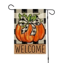 1pc Pumpkin Pattern Grid Background Welcome Garden Flag Without Flagpole, Suitable For Autumn Farmhouse Outdoor Yard Lawn Garden Decoration