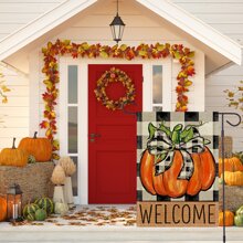 1pc Pumpkin Pattern Grid Background Welcome Garden Flag Without Flagpole, Suitable For Autumn Farmhouse Outdoor Yard Lawn Garden Decoration