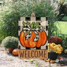 1pc Pumpkin Pattern Grid Background Welcome Garden Flag Without Flagpole, Suitable For Autumn Farmhouse Outdoor Yard Lawn Garden Decoration