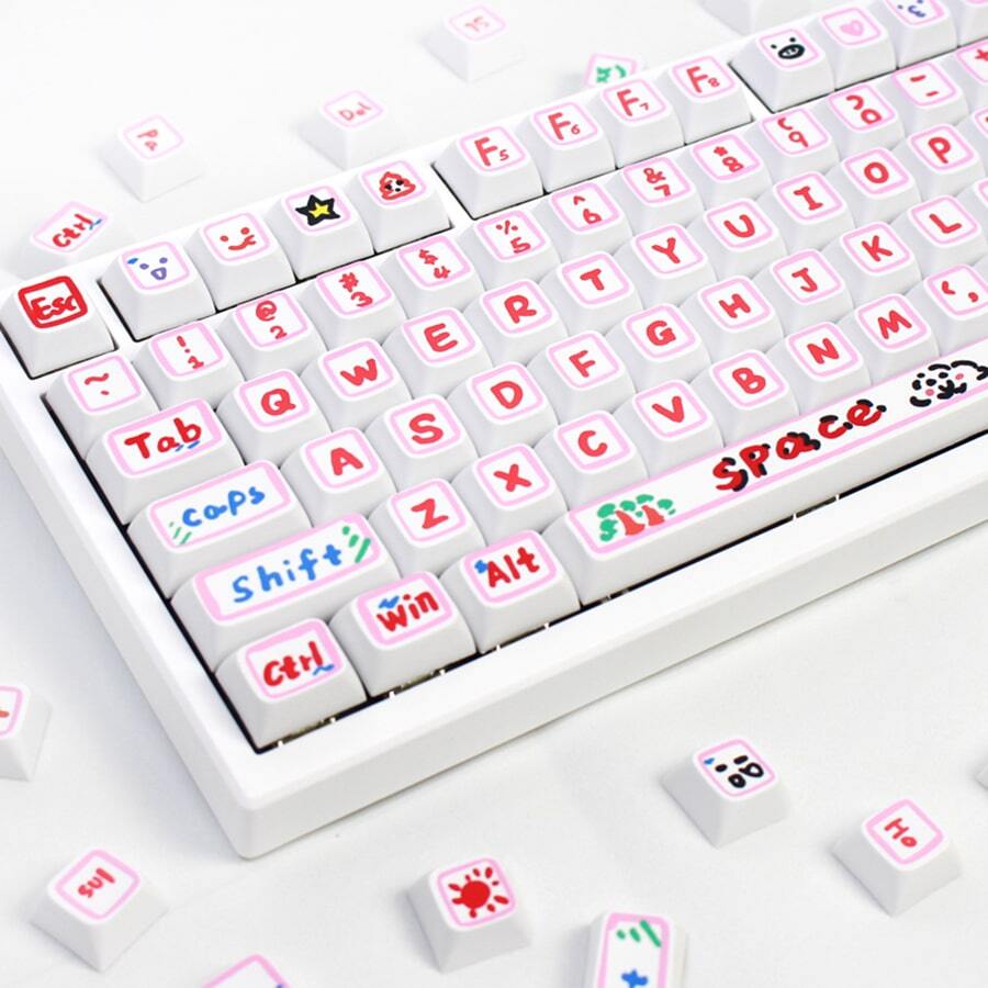 HXSJ 127 Keys PBT Keycaps,Cute Graffiti Dye Sublimation XDA Profile Keycaps Customized ANSI Layout Keycaps Set Compatible With Cherry MX Switches Mechanical Keyboards (XDA Profile) Adaptation 108 104 98 87 84 68 64 61 Key (Pink) - Graffiti Hand Pink-painted XDA PBT 127Keys - View 1