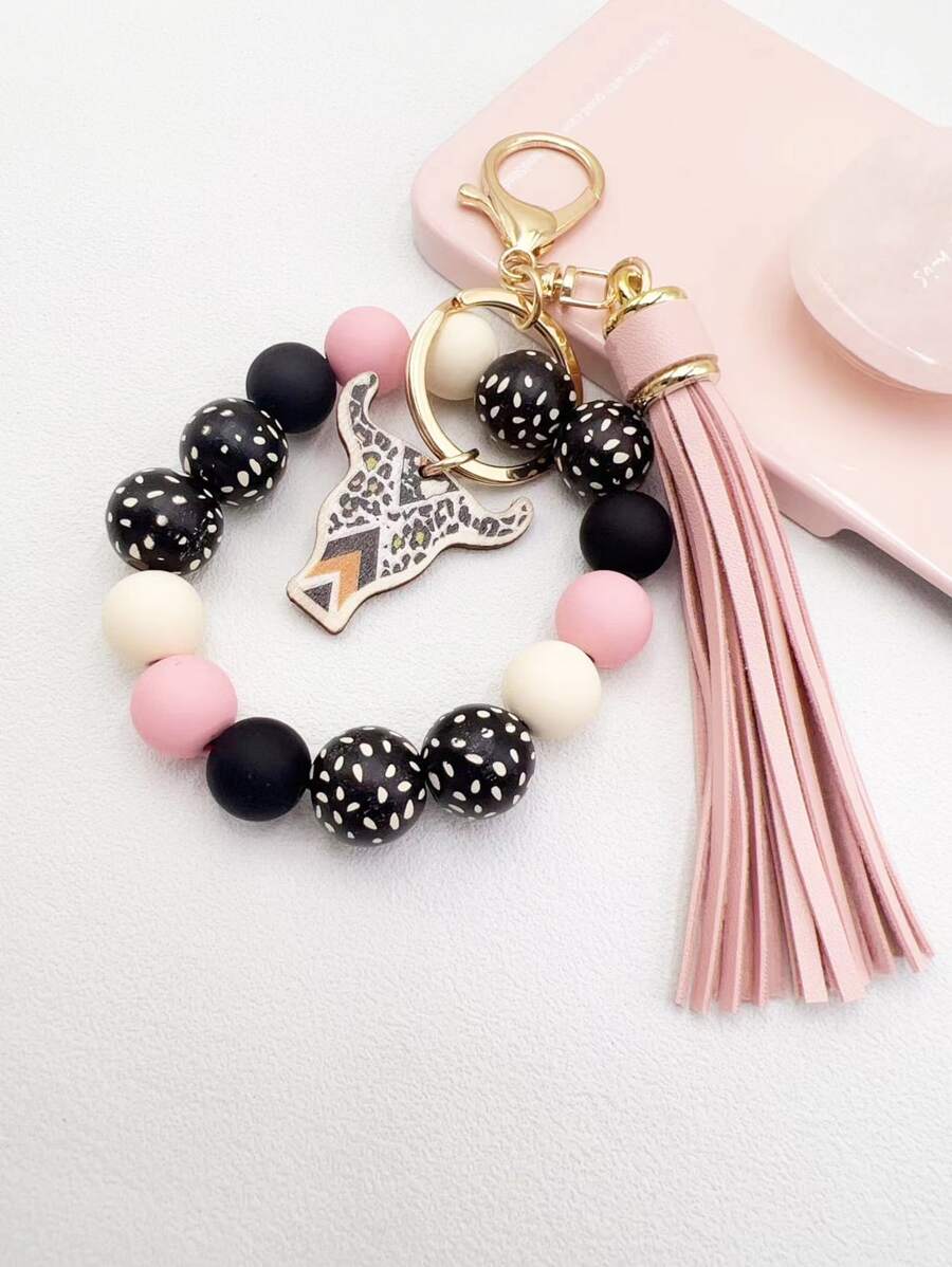 1pc Wooden Cow Head Design Pendant Bracelet With Tassel Keychain