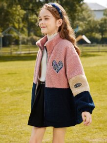 Tween Girl Colorblock Heart Embroidery Drop Shoulder Zipper Teddy Coat - Multicolor - View 8