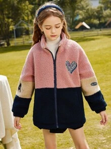 Tween Girl Colorblock Heart Embroidery Drop Shoulder Zipper Teddy Coat - Multicolor - View 10