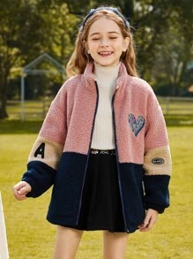 Tween Girl Colorblock Heart Embroidery Drop Shoulder Zipper Teddy Coat - Multicolor - View 6