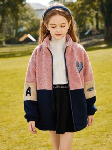 Tween Girl Colorblock Heart Embroidery Drop Shoulder Zipper Teddy Coat - Multicolor - View 9