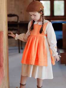 2023 Autumn Countryside Style French Embroidery Dress Young Girls' Tie Back Overall Dress Set - Apricot - View 1