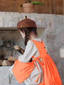 2023 Autumn Countryside Style French Embroidery Dress Young Girls' Tie Back Overall Dress Set - Apricot - View 2