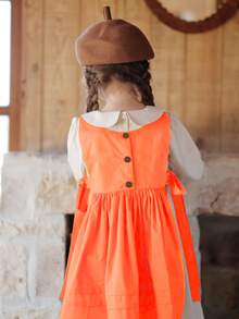 2023 Autumn Countryside Style French Embroidery Dress Young Girls' Tie Back Overall Dress Set - Apricot - View 3