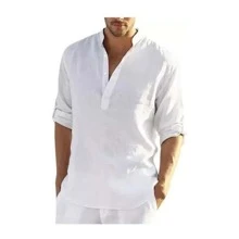 Camisa De Lino De Algodón De Manga Larga Para Hombre - Blanco - Ver 1