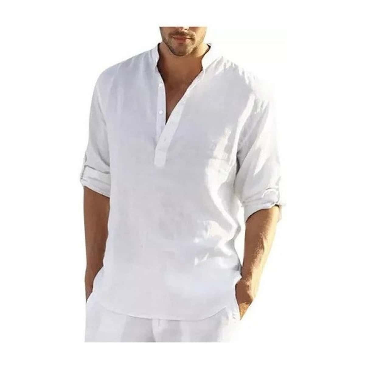 Camisa De Lino De Algodón De Manga Larga Para Hombre - Blanco - Ver 1