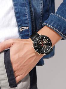 VA VA VOOM 男士防水运动风格赛车腕表，配有大表盘和黑色皮革表带，可作为父亲节礼物，也可作为返校学生的礼物 - 黑色 - 查看 5