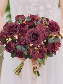 1朵人造牡丹花茶芽、玫瑰花、绣球花混合花束,diy生日派對、派對、裝飾、婚禮花籃、新娘撫摸鮮花、家居裝飾、餐廳、臥室、窗台裝飾、花瓶裝飾、情人節、新年裝飾、室外花園、開學季節 - 紅色 - 查看 3