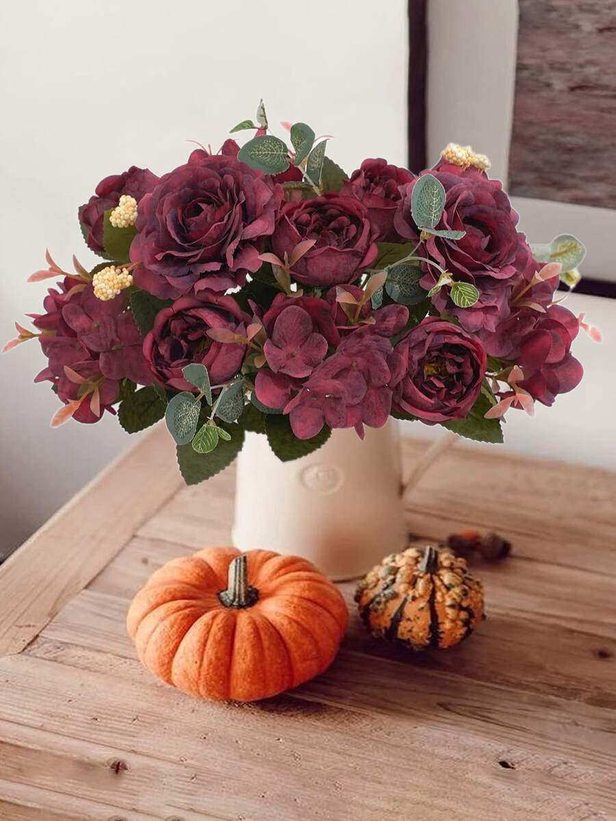 1朵人造牡丹花茶芽、玫瑰花、绣球花混合花束,diy生日派對、派對、裝飾、婚禮花籃、新娘撫摸鮮花、家居裝飾、餐廳、臥室、窗台裝飾、花瓶裝飾、情人節、新年裝飾、室外花園、開學季節 - 紅色 - 查看 1