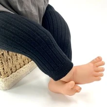 春秋季女童七分弹力腰带打底裤，简约竖条纹设计 - 黑色 - 查看 1