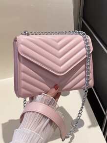 Metal V Decor Square Shoulder Bag, Quilted Chain Flap Evening Bag With Detachable Chain, New PU Leather Solid Color Handbag & Purse, Lightweight Messenger Bag Office Commuter Shopping Bag, Casual Phone Coin Crossbody Bags - Pink - View 2