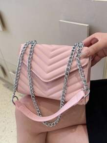 Metal V Decor Square Shoulder Bag, Quilted Chain Flap Evening Bag With Detachable Chain, New PU Leather Solid Color Handbag & Purse, Lightweight Messenger Bag Office Commuter Shopping Bag, Casual Phone Coin Crossbody Bags - Pink - View 4