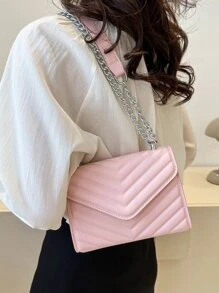 Metal V Decor Square Shoulder Bag, Quilted Chain Flap Evening Bag With Detachable Chain, New PU Leather Solid Color Handbag & Purse, Lightweight Messenger Bag Office Commuter Shopping Bag, Casual Phone Coin Crossbody Bags - Pink - View 3
