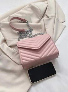 Metal V Decor Square Shoulder Bag, Quilted Chain Flap Evening Bag With Detachable Chain, New PU Leather Solid Color Handbag & Purse, Lightweight Messenger Bag Office Commuter Shopping Bag, Casual Phone Coin Crossbody Bags - Pink - View 6