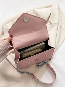 Metal V Decor Square Shoulder Bag, Quilted Chain Flap Evening Bag With Detachable Chain, New PU Leather Solid Color Handbag & Purse, Lightweight Messenger Bag Office Commuter Shopping Bag, Casual Phone Coin Crossbody Bags - Pink - View 8