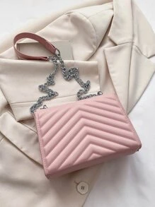 Metal V Decor Square Shoulder Bag, Quilted Chain Flap Evening Bag With Detachable Chain, New PU Leather Solid Color Handbag & Purse, Lightweight Messenger Bag Office Commuter Shopping Bag, Casual Phone Coin Crossbody Bags - Pink - View 5