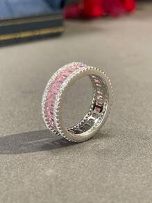 Stylever 1枚彩色全锆石戒指，925纯银材质，奢华闪耀，精致珠宝，送给女孩的礼物，舞会和派对装饰 - 粉色 - 查看 6