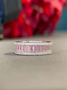 Stylever 1枚彩色全锆石戒指，925纯银材质，奢华闪耀，精致珠宝，送给女孩的礼物，舞会和派对装饰 - 粉色 - 查看 5