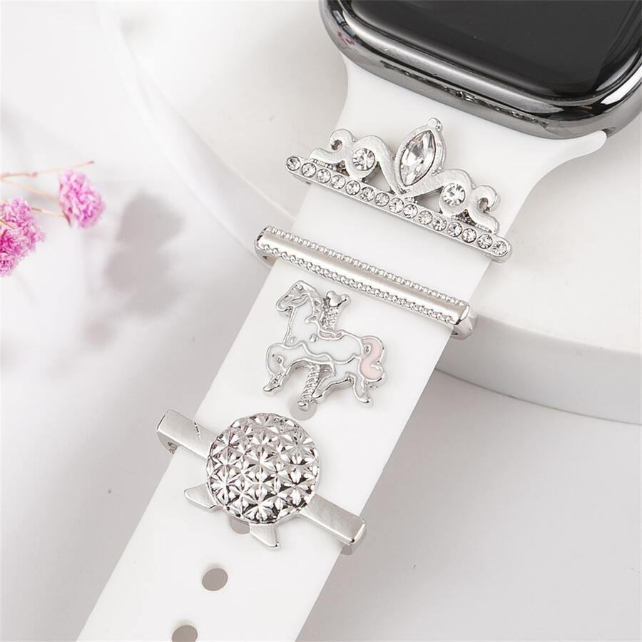 1 Set Kit De Accesorios Para Reloj Inteligente, Compatible Con El Anillo Y Tachas Decorativas De La Banda De Apple Watch, Combo Decorativo De Correa De Silicona - Plateado - Ver 1