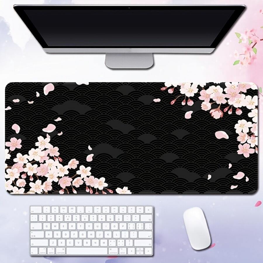 1pc Cherry Blossom Mouse Pad Black Aesthetics Desk Mat 35.4x15.7 Inch Oversized Thickened Office Desk Accessories Desk Pad With Rubber Edged Keyboard Computer Office As Gifts For Women Girl Boy,School Supplies,Back To School - Black - View 1