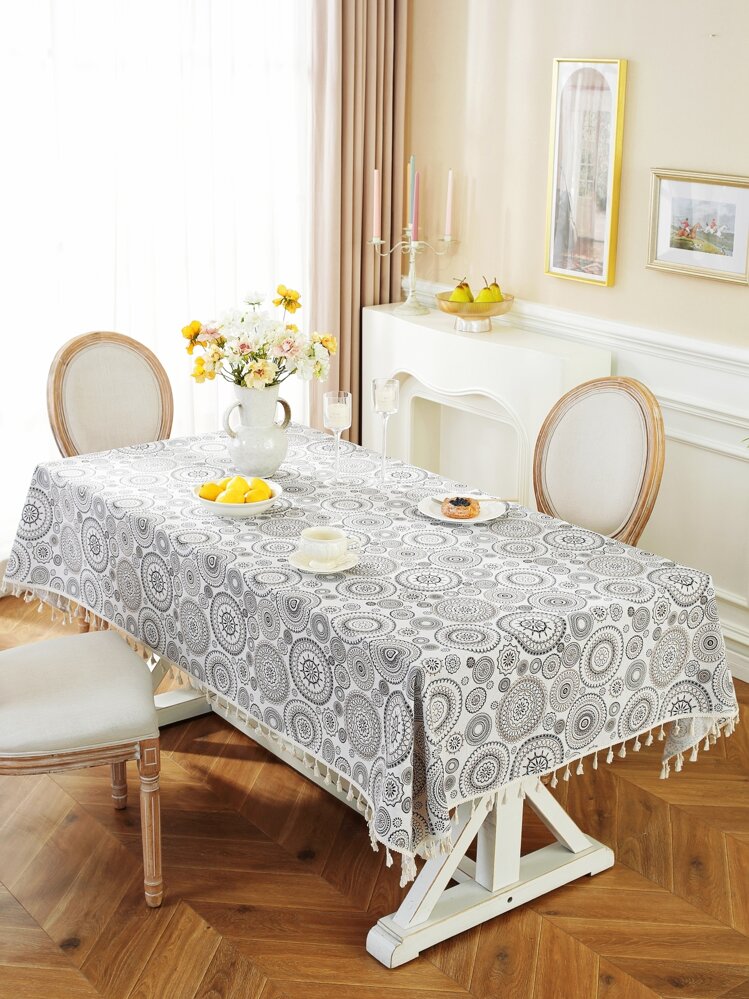1pc Bohemian Geometric Rectangle Tablecloth, Geometric Print, Suitable For Dining Room, Party, Picnic, Camping, Birthday, Home & Outdoor Decor, All Seasons - Black - View 4