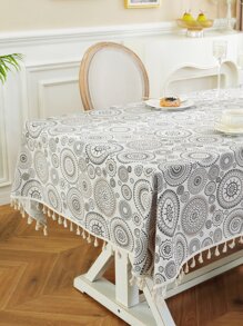 1件波西米亚几何图案长方形桌布，几何印花，适用于餐厅、派对、野餐、露营、生日、家居及户外装饰，四季皆宜。 - 黑色 - 查看 6