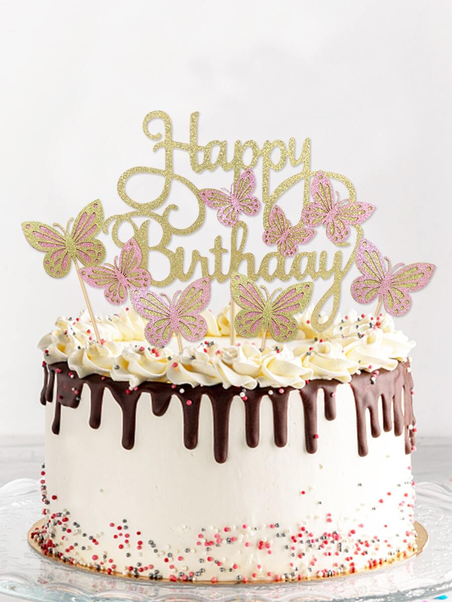 7pcs Pre-Assembled 3D Gold Powder Butterfly Cake Decorations Set - Includes Foldable Wings "Happy Birthday" Sign And 6 Realistic Cupcake Toppers, Suitable For Girls Party - Multicolor - View 1