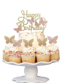 7pcs Pre-Assembled 3D Gold Powder Butterfly Cake Decorations Set - Includes Foldable Wings "Happy Birthday" Sign And 6 Realistic Cupcake Toppers, Suitable For Girls Party - Multicolor - View 5