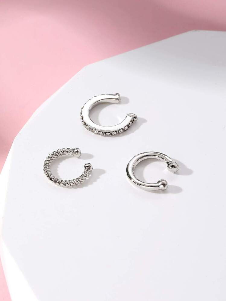 3 יח'\סט נָדִיר צורת יו אוזן קליפ לנשים עם אסטתי אסתטי טוויסט & קישוט אבני חן - כסף - ראה 4