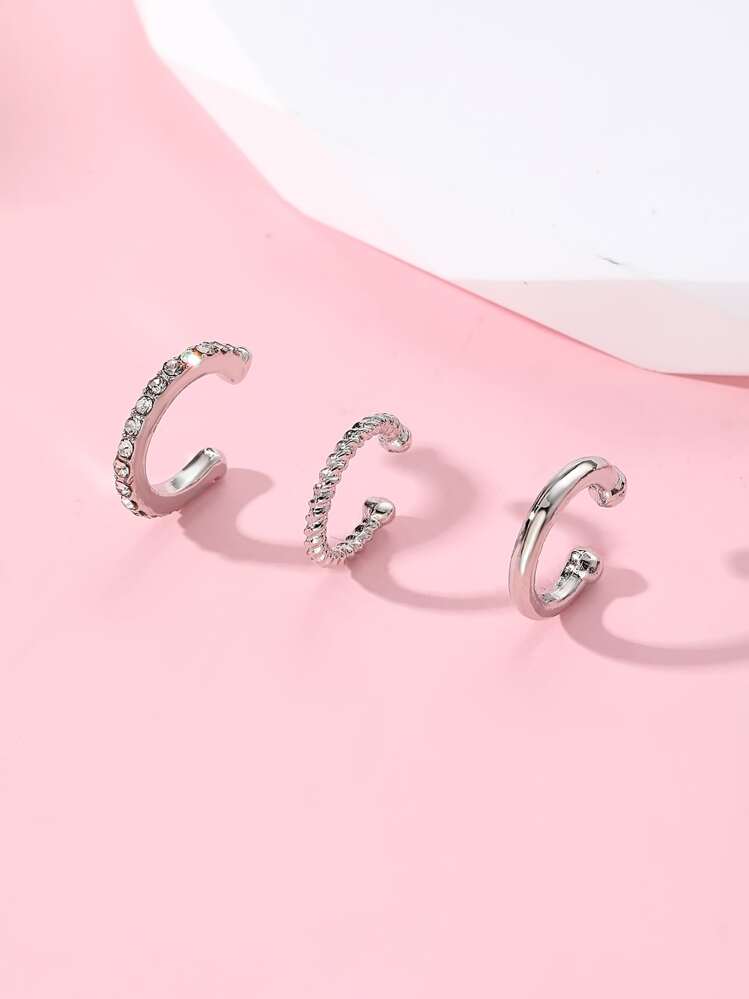 3 יח'\סט נָדִיר צורת יו אוזן קליפ לנשים עם אסטתי אסתטי טוויסט & קישוט אבני חן - כסף - ראה 2