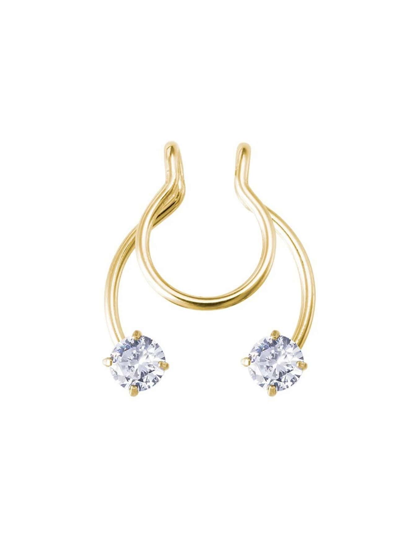 Fashion Double Rhinestone Golden No Piercing Nose Ring - Gold - View 1