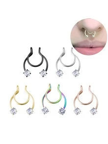 Fashion Double Rhinestone Golden No Piercing Nose Ring - Gold - View 2