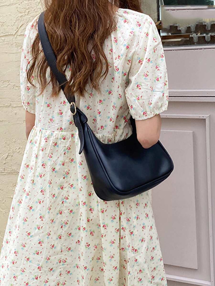 Minimalist Zipper Hobo Bag - Black - View 1