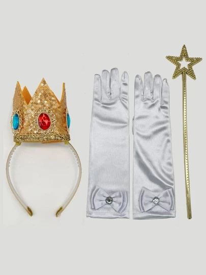 1 套女孩公主派对配饰包括 1 根魔杖、1 双手套、1 个皇冠，适合公主派对角色扮演、舞台表演