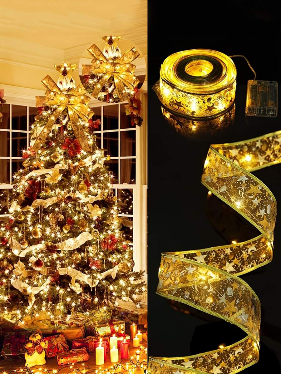 1m/3m/5m/10m Christmas Decorative Items LED Lights, Gold Filament Ribbon, Warm Light String, Christmas Tree Satin Ribbon Bow Lights