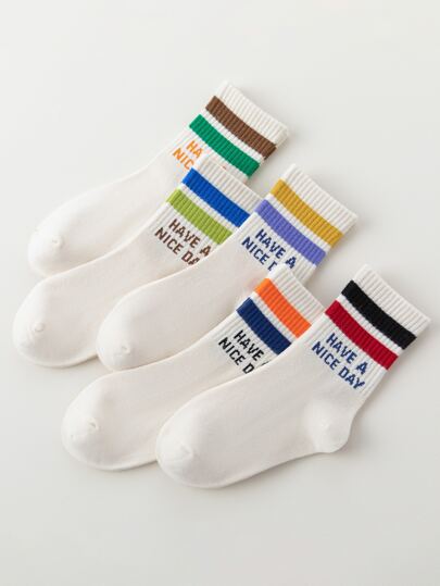 5 双儿童/男孩条纹图案和字母设计柔软透气运动袜，舒适中筒袜，适合返校、校园、运动装、教室、新学期、学生、返校季