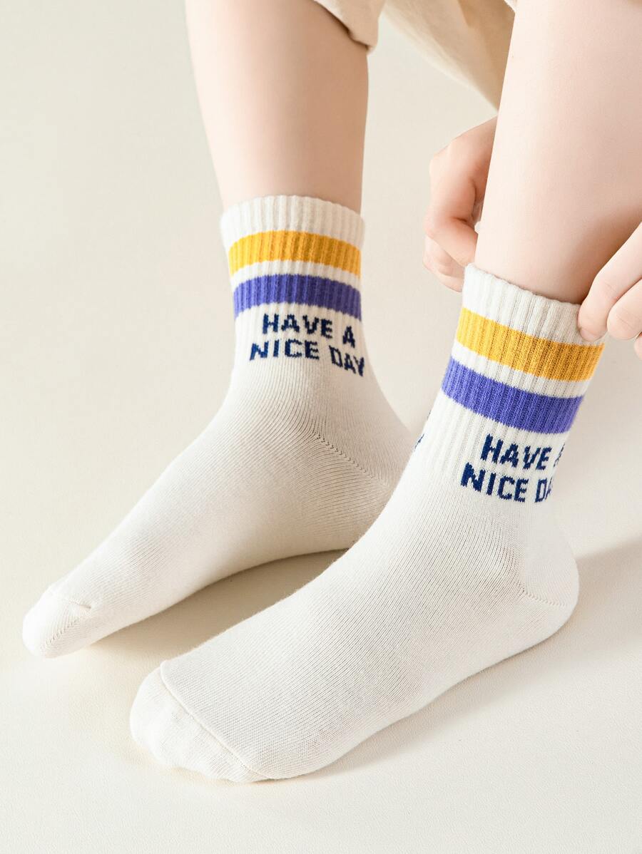 5 Pairs Kids/Boys Striped Patterned & Letter Design Soft, Breathable Sport Socks, Comfortable Crew Socks Suitable For Back To School, Campus, Sportswear, Classroom, New Term, Student, Back To School Season - Multicolor - View 1