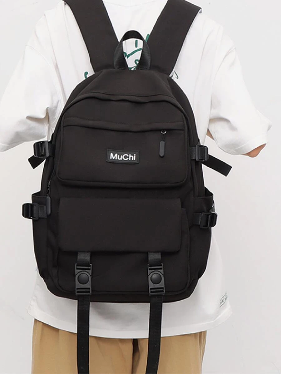 Women's Fashionable Solid Color Backpack, Double Shoulder, Large Capacity - Black - View 1